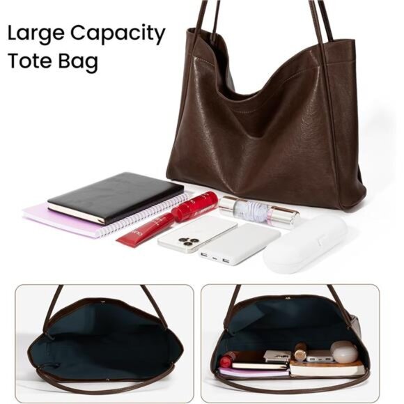 Tote Bag Coffe Color for Women 2 Pcs Large Casual Soft Vegan Leather For Women - Picture 3 of 6